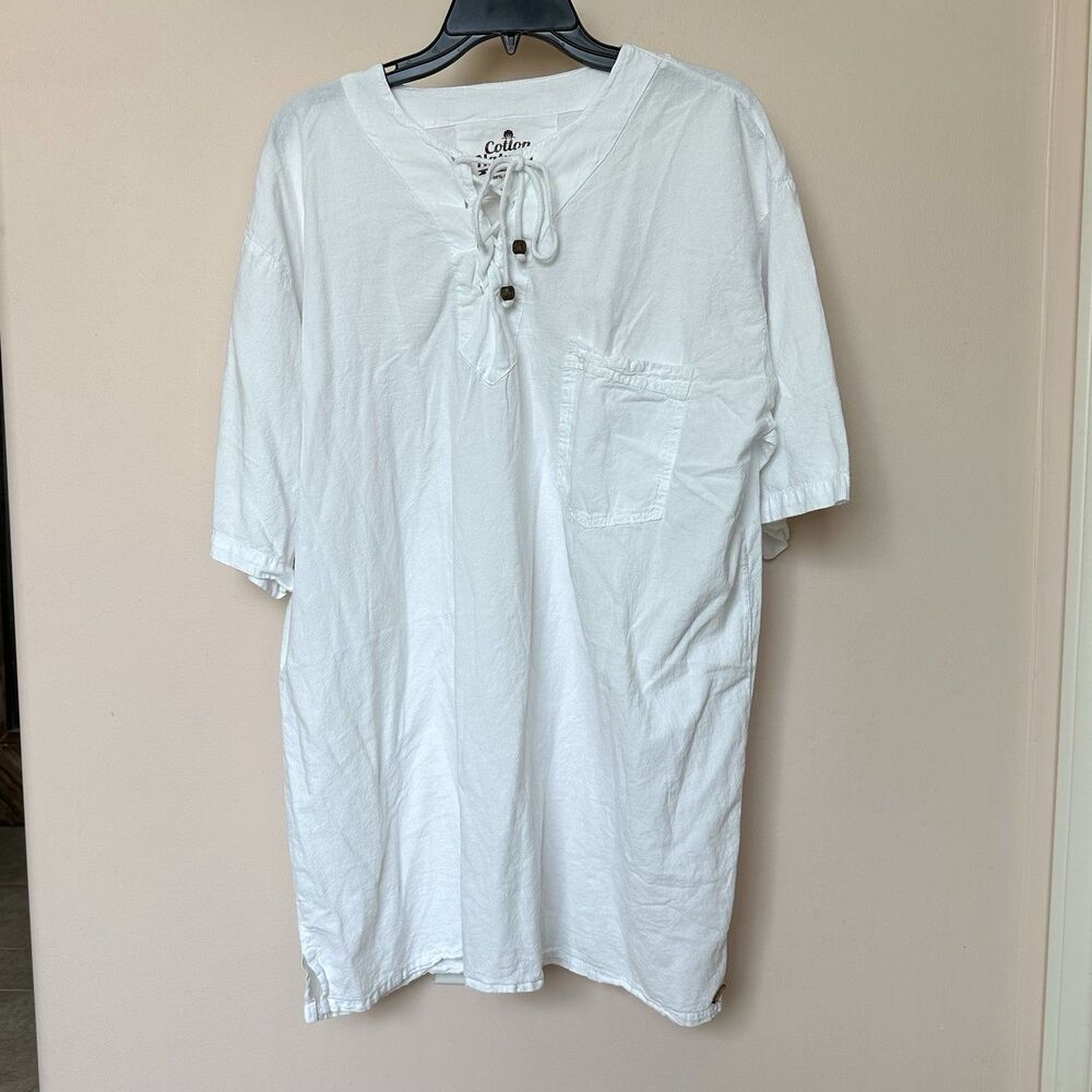 Cotton Natural Hawaiian Shirt Men’s XL White Lace Up V Neck Short Sleeve Beachy